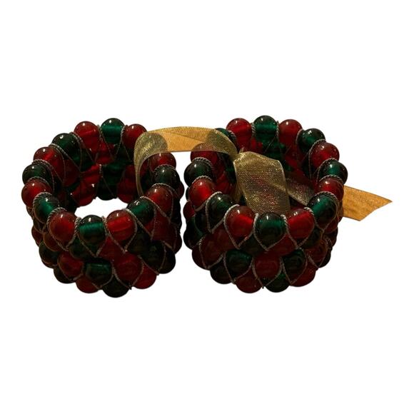 KEMP & BEATLEY SET OF 4 CHRISTMAS RED & GREEN GLASS BEADED NAPKIN RINGS HOLDERS - Picture 2 of 5